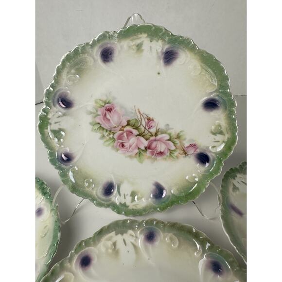 Antique Green Leuchtenburg Germany Round Plate Pink Roses 6” Set Of 4 - Picture 2 of 2